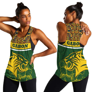 Gabon Women Racerback Tank - Tribal Print and Fierce Panther Graphic in National Flag Colors