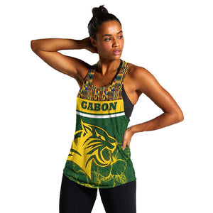 Gabon Women Racerback Tank - Tribal Print and Fierce Panther Graphic in National Flag Colors