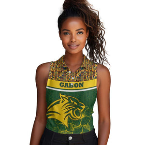 Gabon Women Sleeveless Polo Shirt - Tribal Print and Fierce Panther Graphic in National Flag Colors