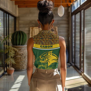 Gabon Women Sleeveless Polo Shirt - Tribal Print and Fierce Panther Graphic in National Flag Colors