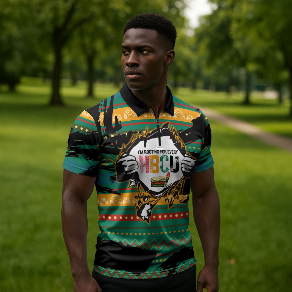 Rooting For Every HBCU Zipper Polo Shirt Pan African Kente Pattern - History And Knowledge Torch