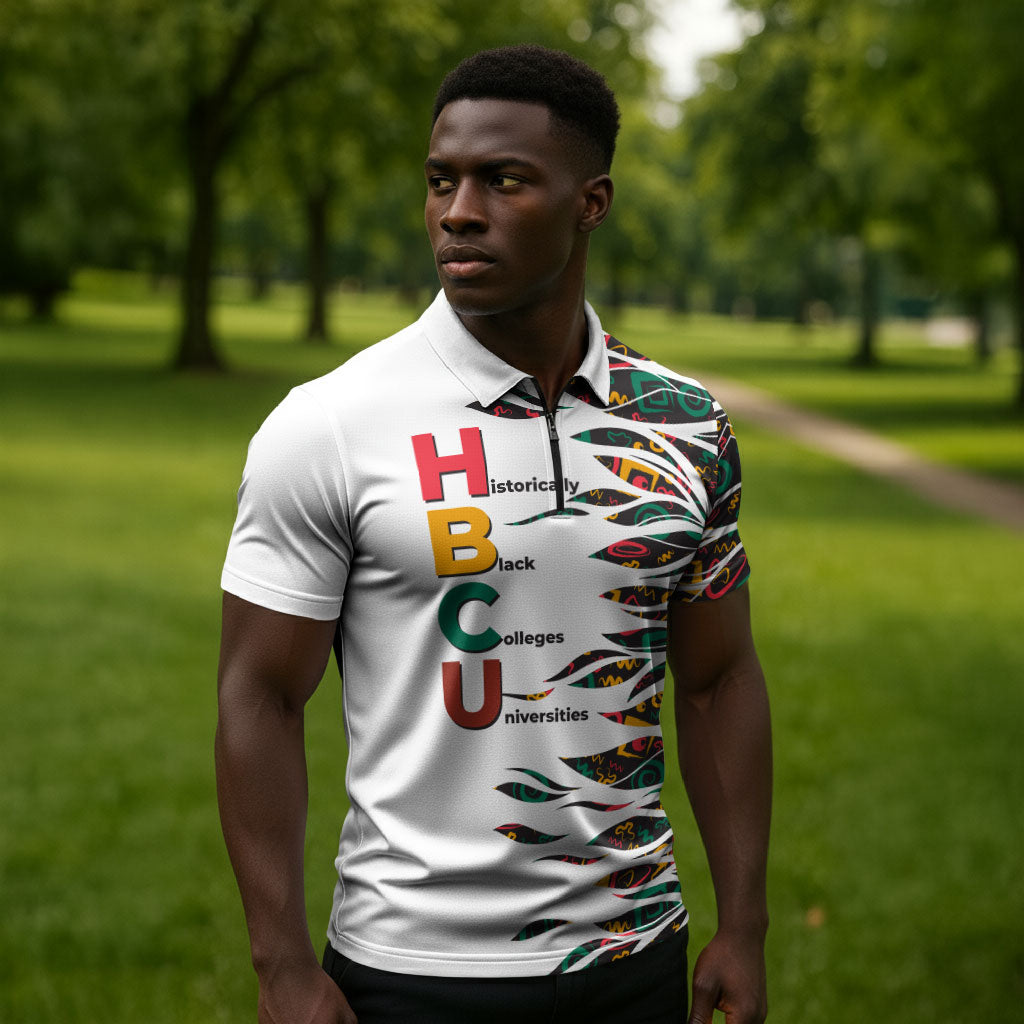 Historically Black Colleges Universities HBCU Zipper Polo Shirt Pan African Colors Tribal Pattern Typography