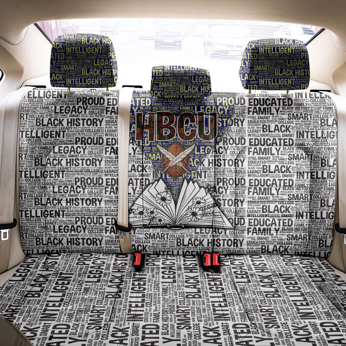 HBCU Black History Legacy Back Car Seat Cover Word Cloud African Shield Knowledge Book