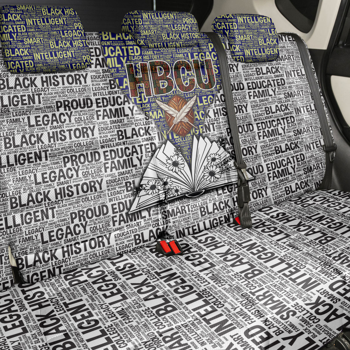 HBCU Black History Legacy Back Car Seat Cover Word Cloud African Shield Knowledge Book