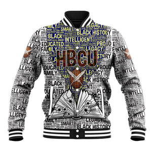 HBCU Black History Legacy Baseball Jacket Word Cloud African Shield Knowledge Book