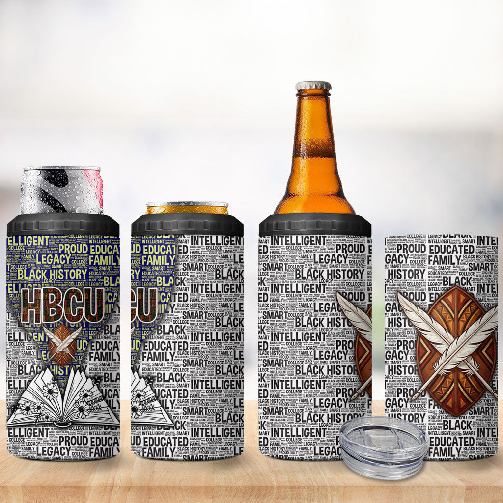 HBCU Black History Legacy 4 in 1 Can Cooler Tumbler Word Cloud African Shield Knowledge Book