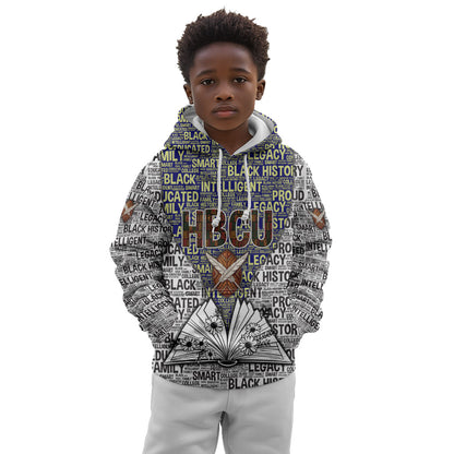 HBCU Black History Legacy Kid Hoodie Word Cloud African Shield Knowledge Book