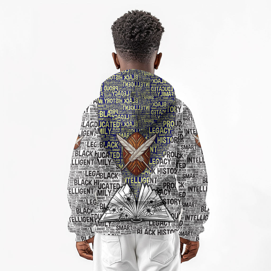 HBCU Black History Legacy Kid Hoodie Word Cloud African Shield Knowledge Book