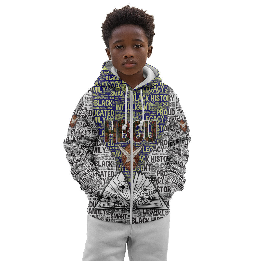 HBCU Black History Legacy Kid Hoodie Word Cloud African Shield Knowledge Book