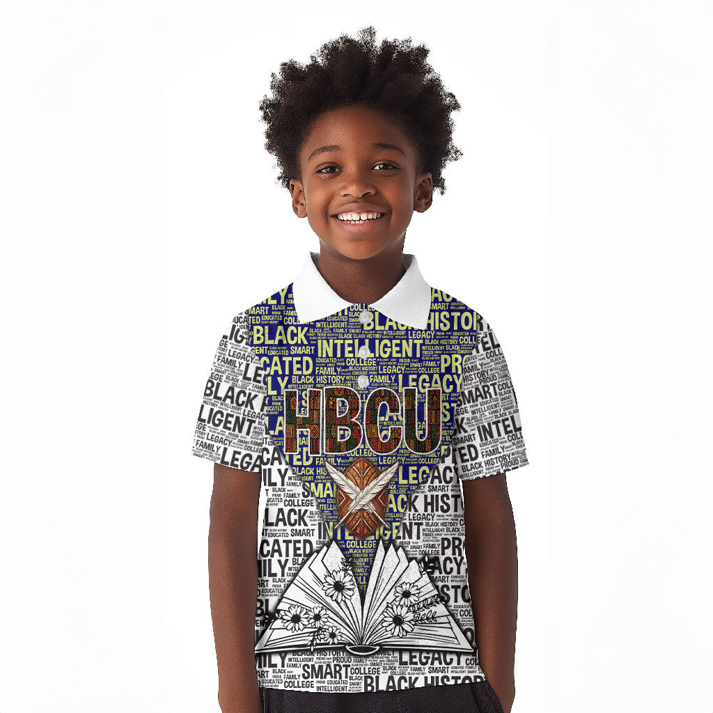 HBCU Black History Legacy Kid Polo Shirt Word Cloud African Shield Knowledge Book