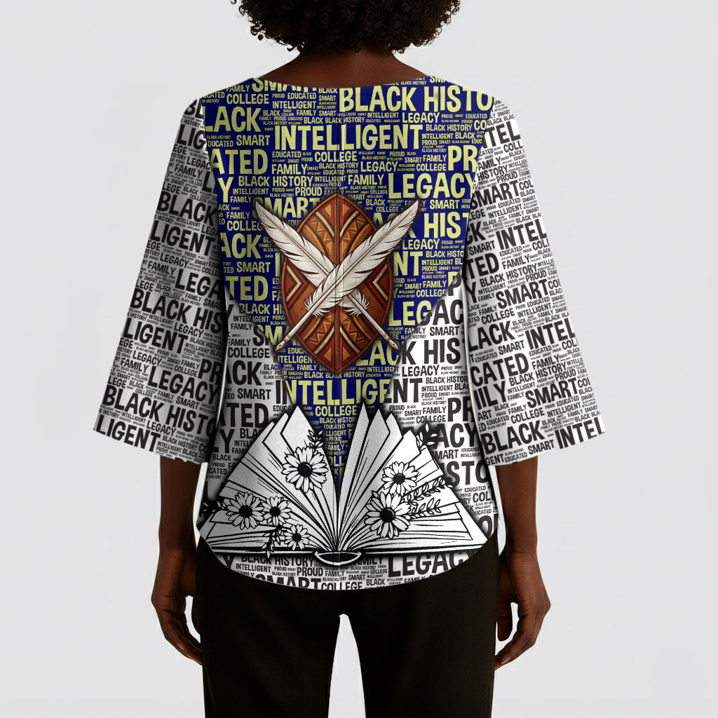 HBCU Black History Legacy Kimono Sleeve Blouse Word Cloud African Shield Knowledge Book
