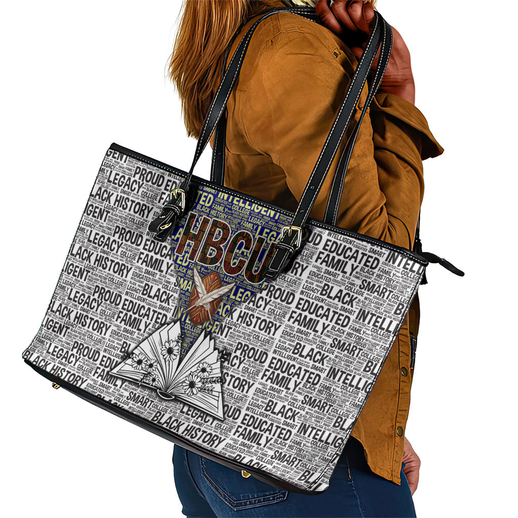 HBCU Black History Legacy Leather Tote Bag Word Cloud African Shield Knowledge Book
