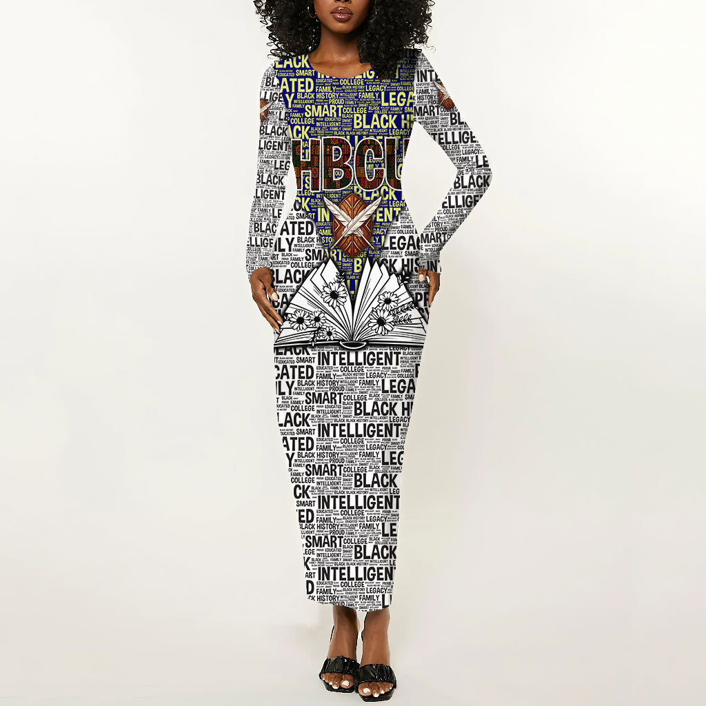 HBCU Black History Legacy Long Sleeve Bodycon Dress Word Cloud African Shield Knowledge Book