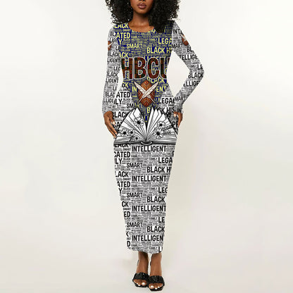HBCU Black History Legacy Long Sleeve Bodycon Dress Word Cloud African Shield Knowledge Book