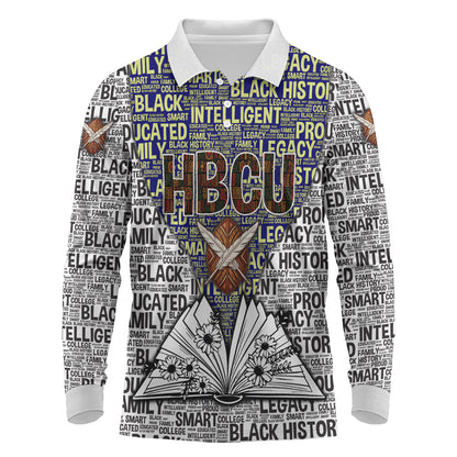 HBCU Black History Legacy Long Sleeve Polo Shirt Word Cloud African Shield Knowledge Book