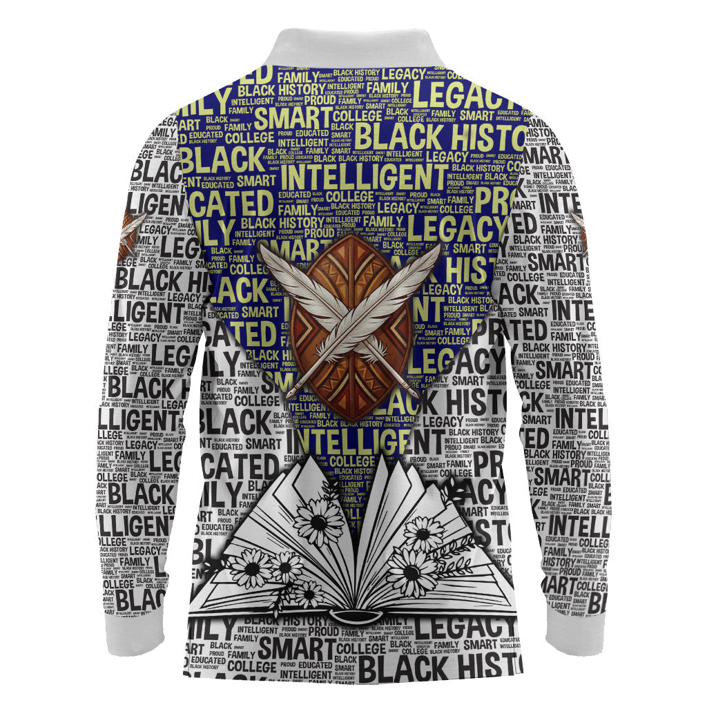 HBCU Black History Legacy Long Sleeve Polo Shirt Word Cloud African Shield Knowledge Book