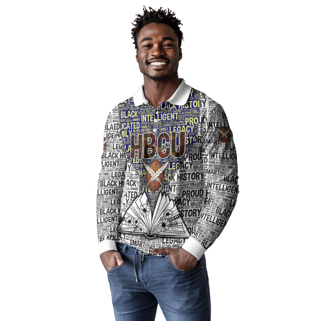 HBCU Black History Legacy Long Sleeve Polo Shirt Word Cloud African Shield Knowledge Book