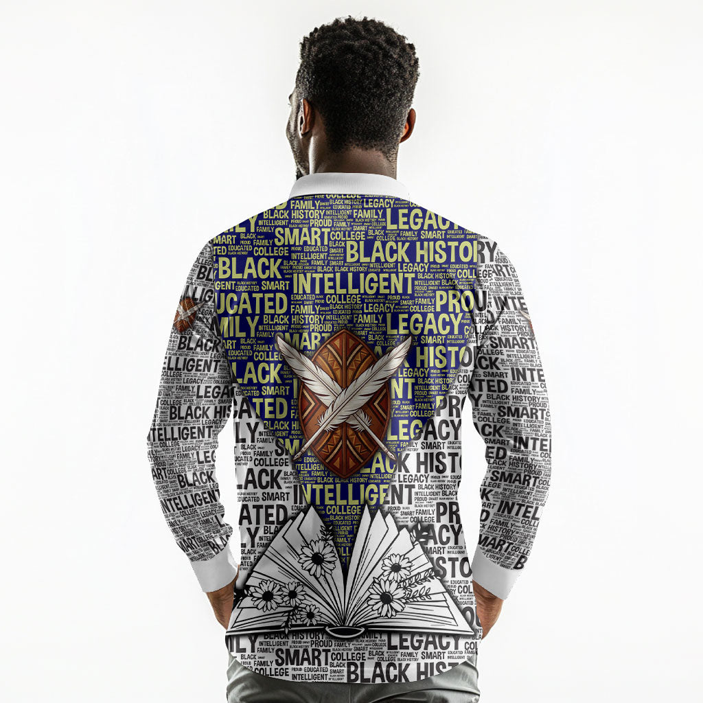 HBCU Black History Legacy Long Sleeve Polo Shirt Word Cloud African Shield Knowledge Book