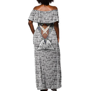 HBCU Black History Legacy Off Shoulder Maxi Dress Word Cloud African Shield Knowledge Book