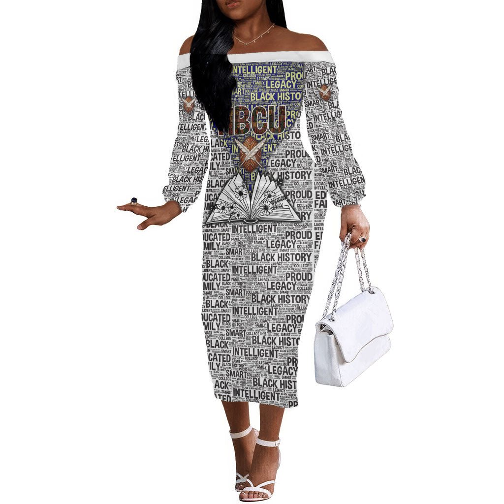 HBCU Black History Legacy Off The Shoulder Long Sleeve Dress Word Cloud African Shield Knowledge Book