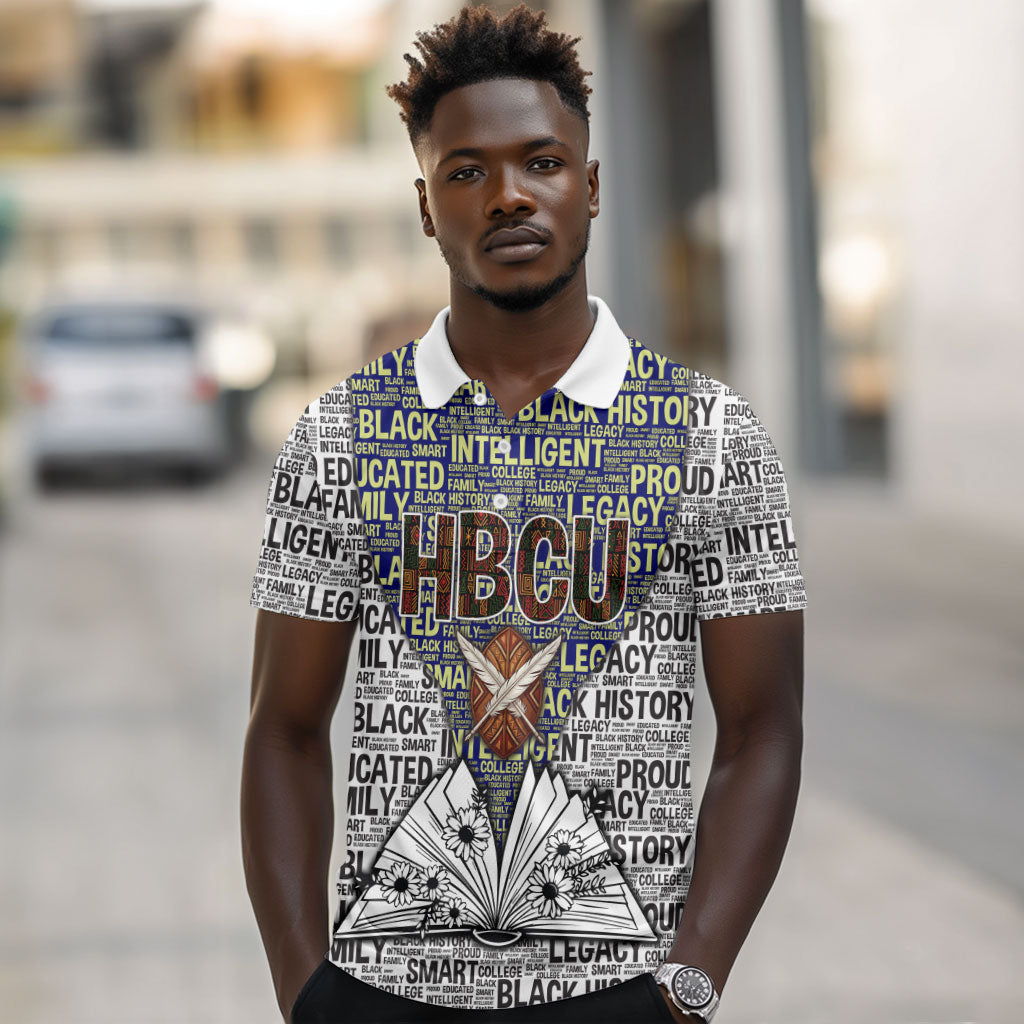 HBCU Black History Legacy Polo Shirt Word Cloud African Shield Knowledge Book