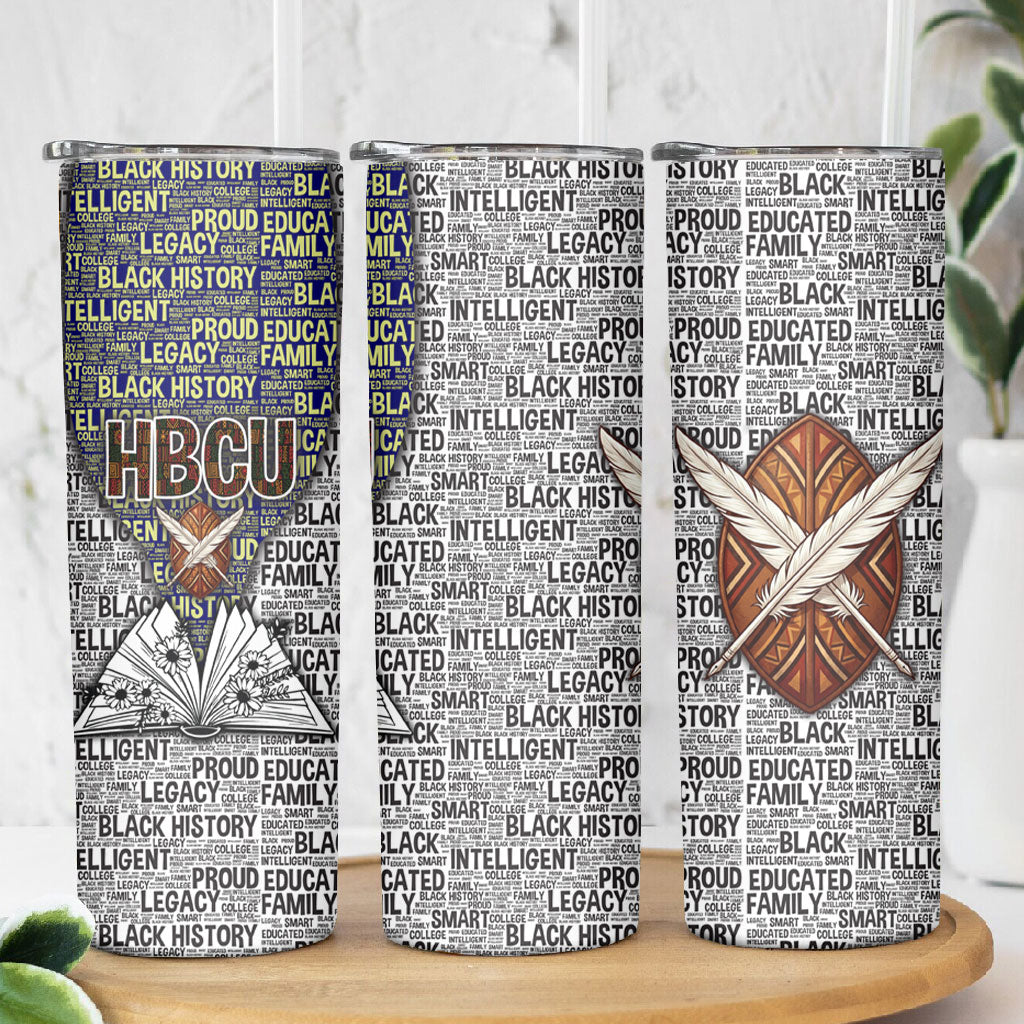 HBCU Black History Legacy Skinny Tumbler Word Cloud African Shield Knowledge Book