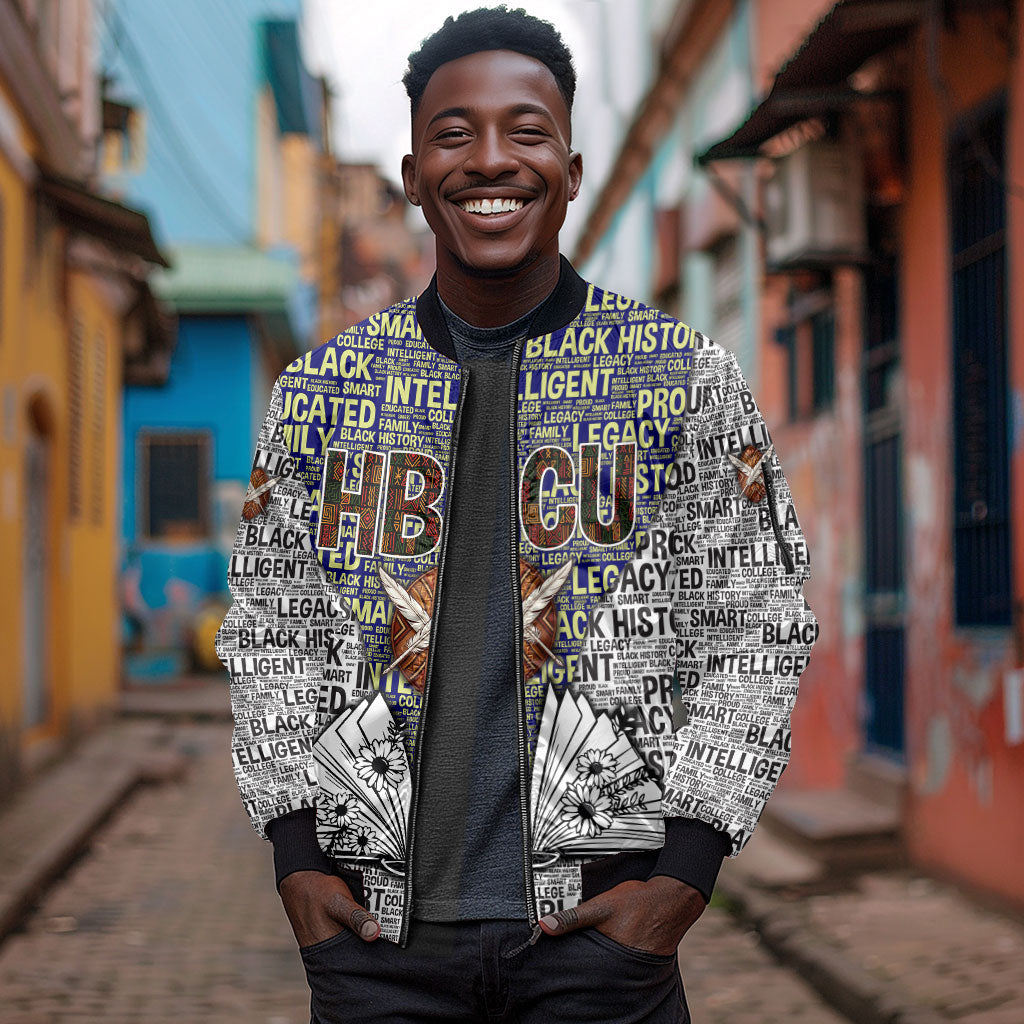 HBCU Black History Legacy Sleeve Zip Bomber Jacket Word Cloud African Shield Knowledge Book