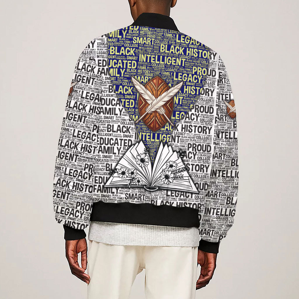 HBCU Black History Legacy Sleeve Zip Bomber Jacket Word Cloud African Shield Knowledge Book