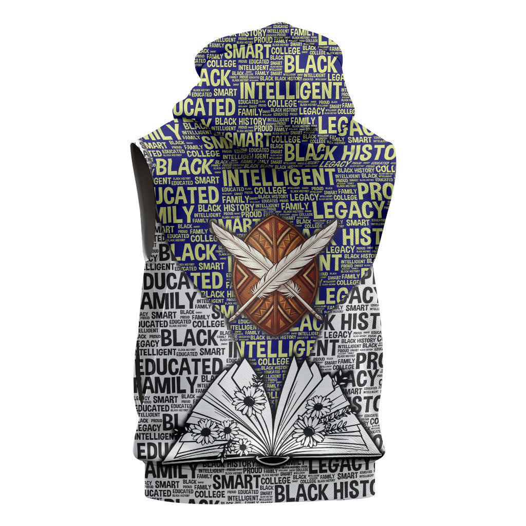 HBCU Black History Legacy Sleeveless Zip Hoodie Word Cloud African Shield Knowledge Book