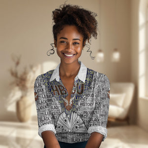 HBCU Black History Legacy Women Casual Shirt Word Cloud African Shield Knowledge Book