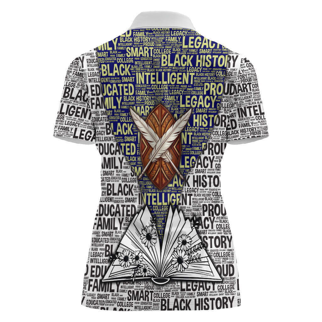 HBCU Black History Legacy Women Polo Shirt Word Cloud African Shield Knowledge Book