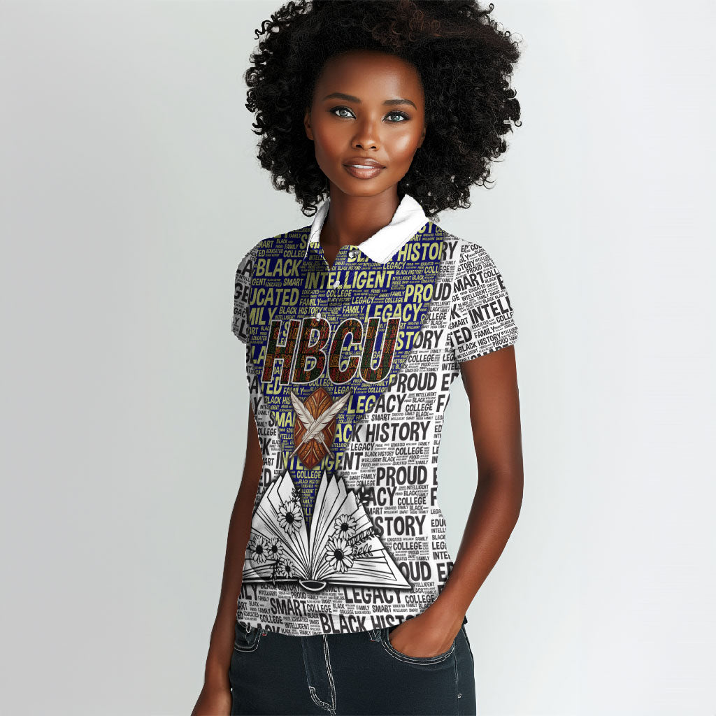 HBCU Black History Legacy Women Polo Shirt Word Cloud African Shield Knowledge Book