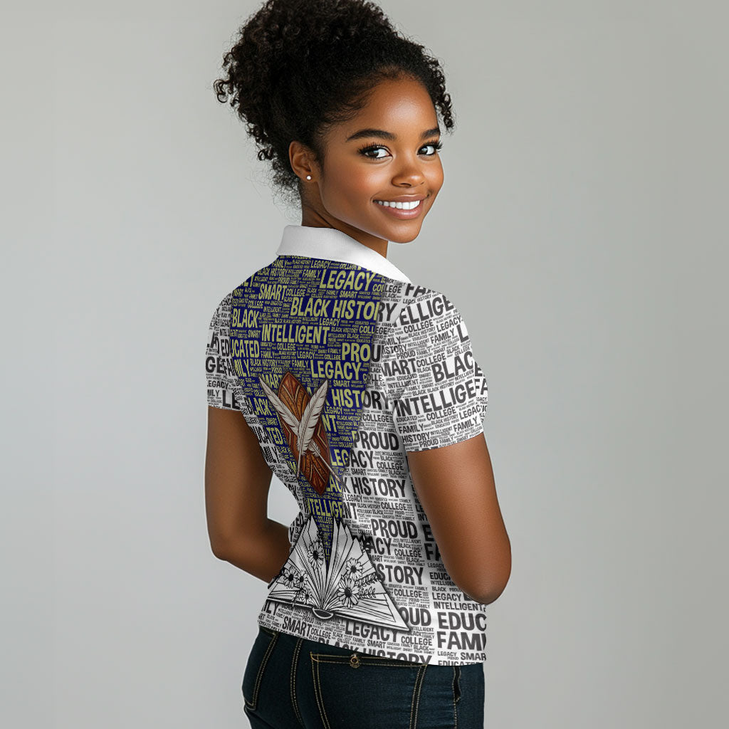 HBCU Black History Legacy Women Polo Shirt Word Cloud African Shield Knowledge Book