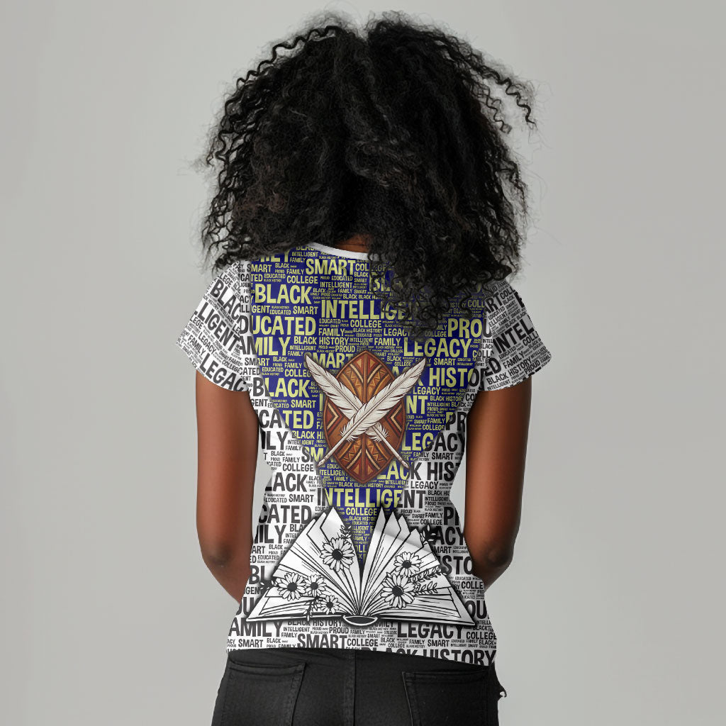 HBCU Black History Legacy Women V-Neck T-Shirt Word Cloud African Shield Knowledge Book