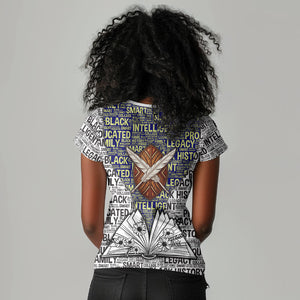 HBCU Black History Legacy Women V-Neck T-Shirt Word Cloud African Shield Knowledge Book
