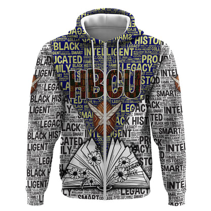 HBCU Black History Legacy Zip Hoodie Word Cloud African Shield Knowledge Book
