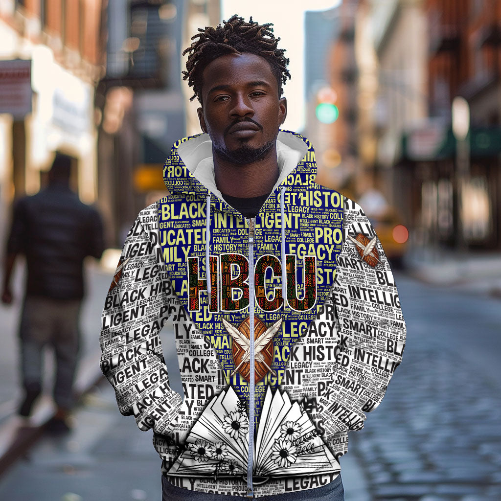 HBCU Black History Legacy Zip Hoodie Word Cloud African Shield Knowledge Book