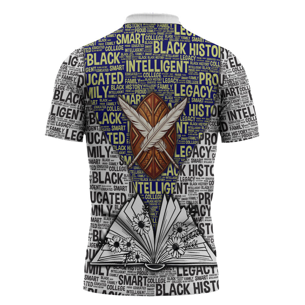 HBCU Black History Legacy Zipper Polo Shirt Word Cloud African Shield Knowledge Book