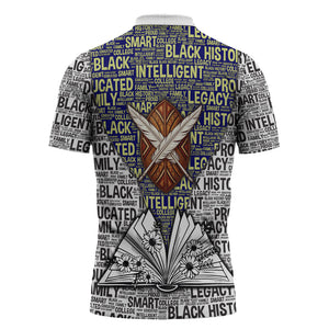 HBCU Black History Legacy Zipper Polo Shirt Word Cloud African Shield Knowledge Book