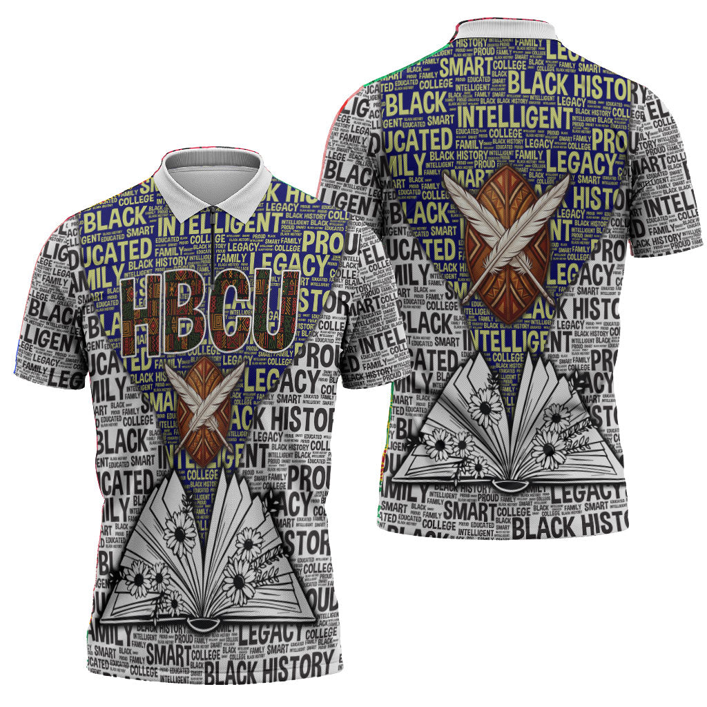 HBCU Black History Legacy Zipper Polo Shirt Word Cloud African Shield Knowledge Book