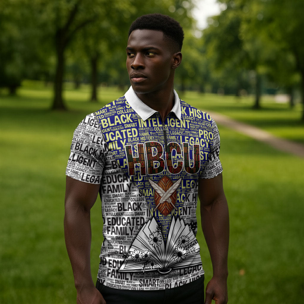 HBCU Black History Legacy Zipper Polo Shirt Word Cloud African Shield Knowledge Book
