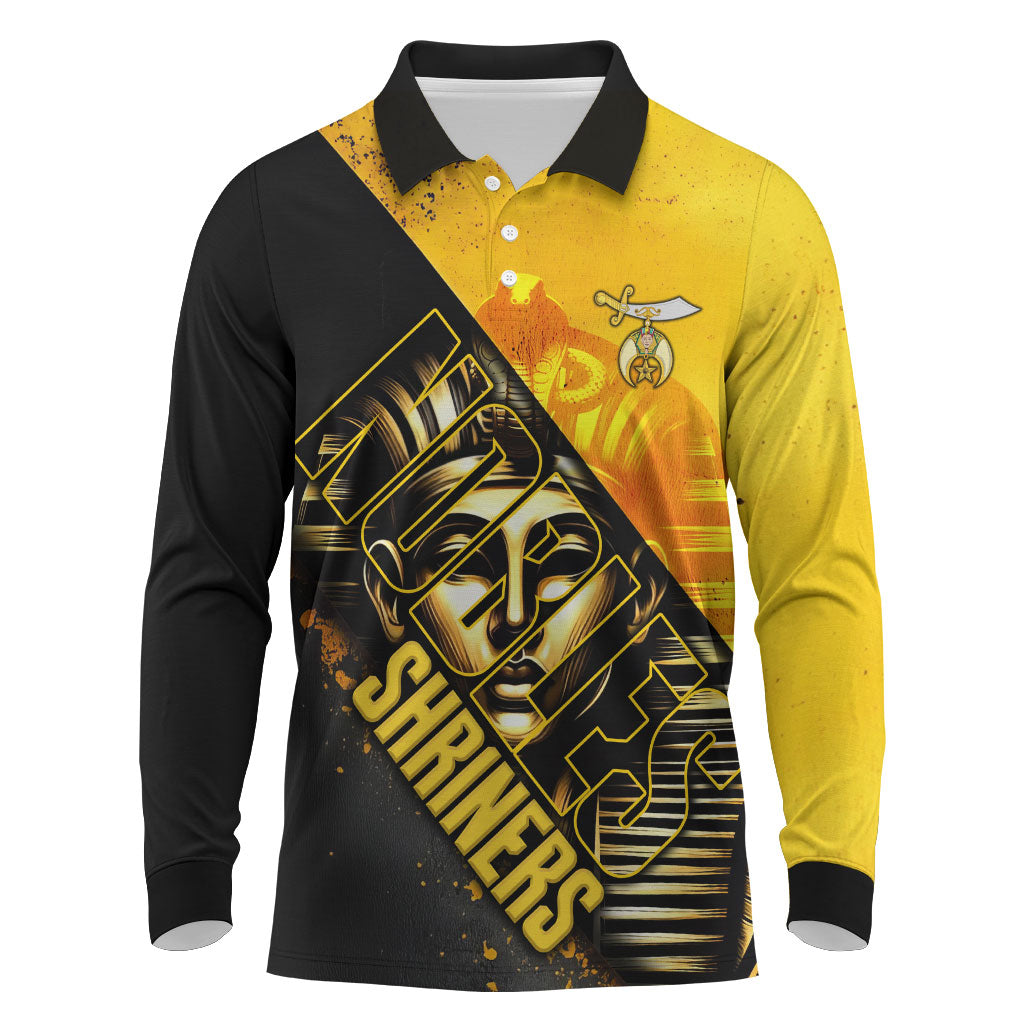 Nobles Shriners Pharaoh Long Sleeve Polo Shirt Egyptian Pharaoh King Tut Art With Gold Scimitar Emblem