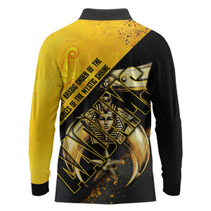Nobles Shriners Pharaoh Long Sleeve Polo Shirt Egyptian Pharaoh King Tut Art With Gold Scimitar Emblem
