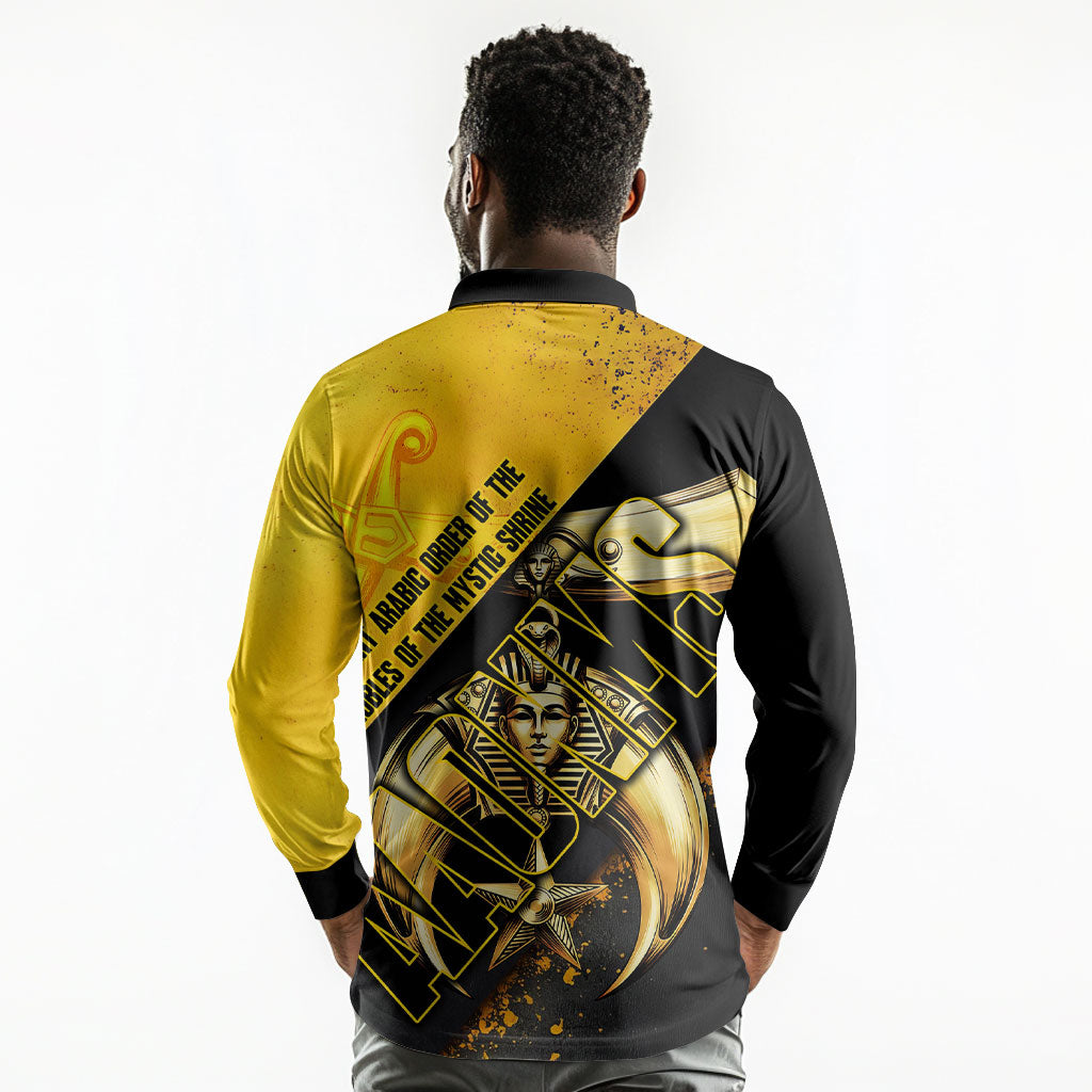 Nobles Shriners Pharaoh Long Sleeve Polo Shirt Egyptian Pharaoh King Tut Art With Gold Scimitar Emblem
