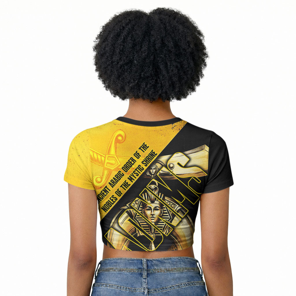 Nobles Shriners Pharaoh Raglan Cropped T shirt Egyptian Pharaoh King Tut Art With Gold Scimitar Emblem