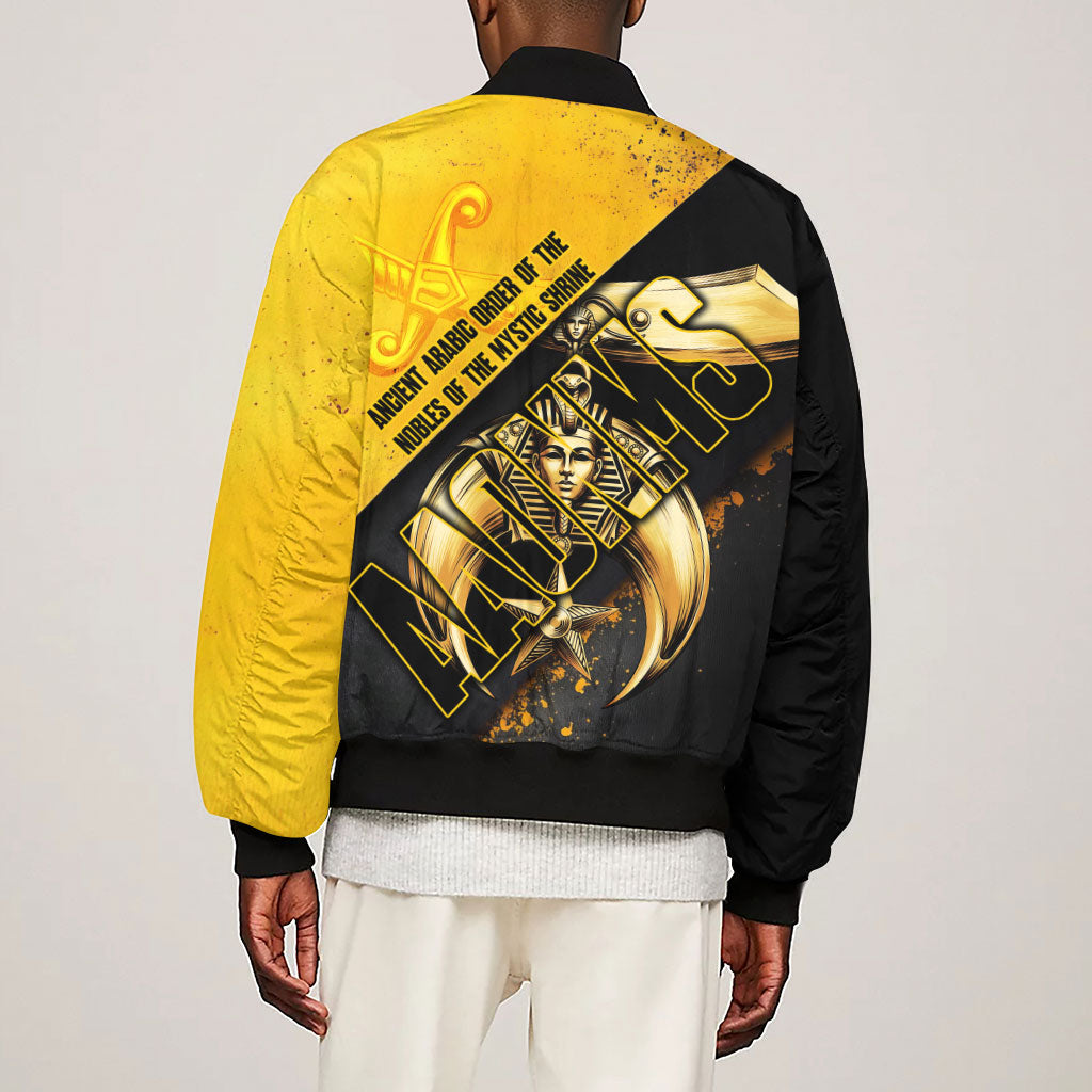 Nobles Shriners Pharaoh Sleeve Zip Bomber Jacket Egyptian Pharaoh King Tut Art With Gold Scimitar Emblem