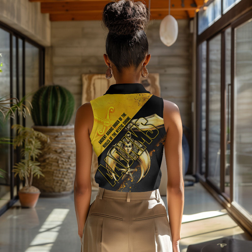 Nobles Shriners Pharaoh Women Sleeveless Polo Shirt Egyptian Pharaoh King Tut Art With Gold Scimitar Emblem