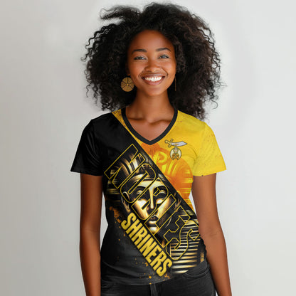 Nobles Shriners Pharaoh Women V-Neck T-Shirt Egyptian Pharaoh King Tut Art With Gold Scimitar Emblem