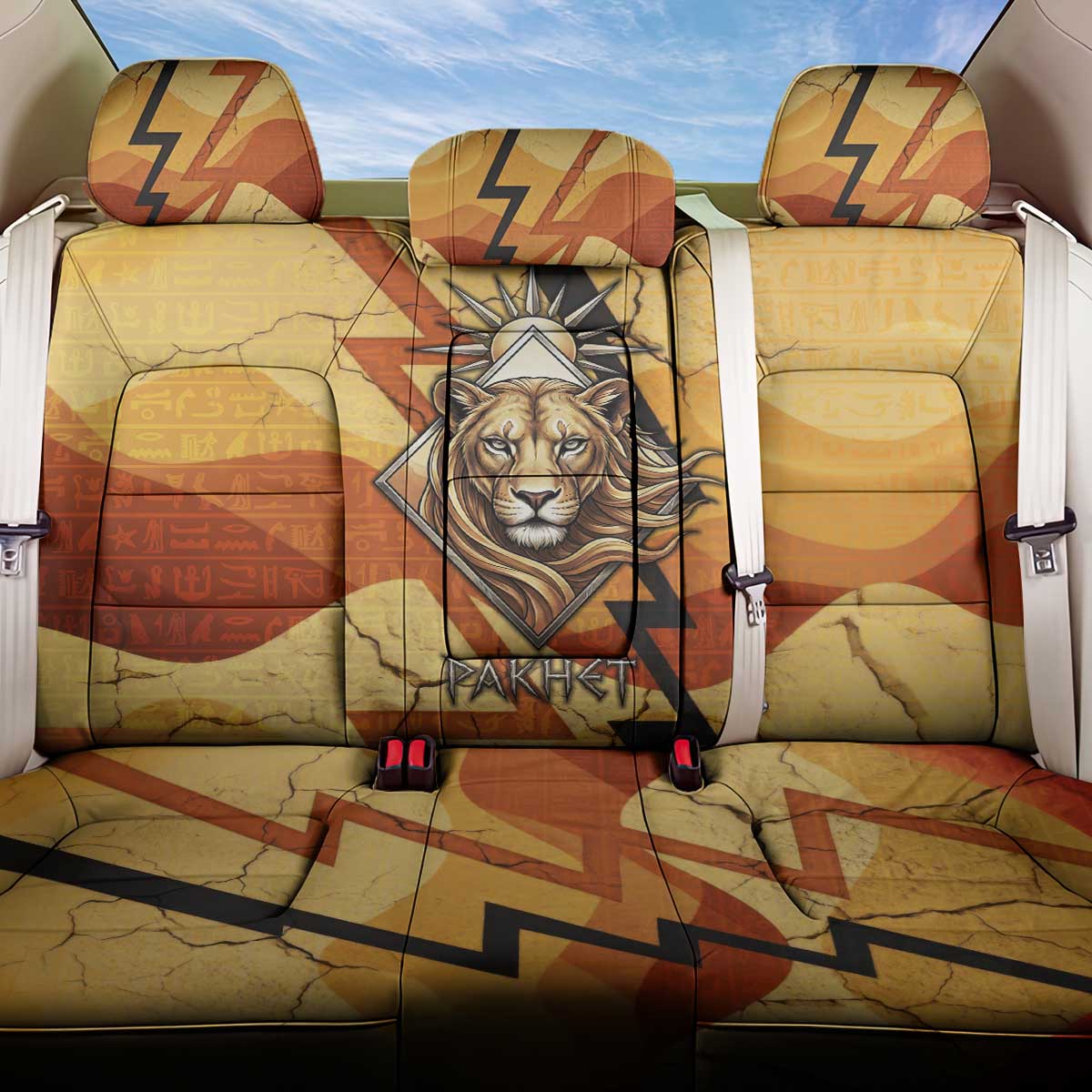 Pakhet Lion Head Back Car Seat Cover with Claw Marks in Fiery Ancient Egyptian Motif