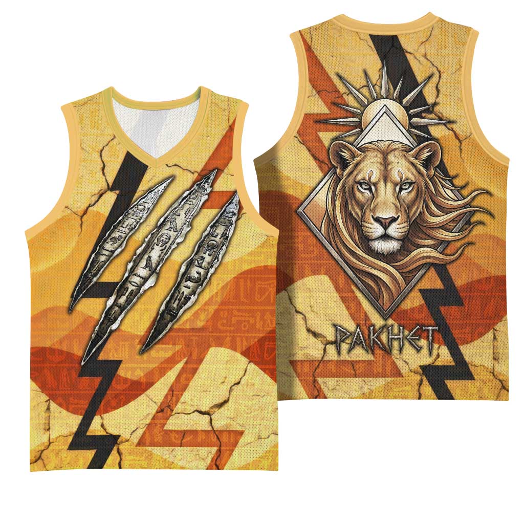 Pakhet Lion Head Basketball Jersey with Claw Marks in Fiery Ancient Egyptian Motif